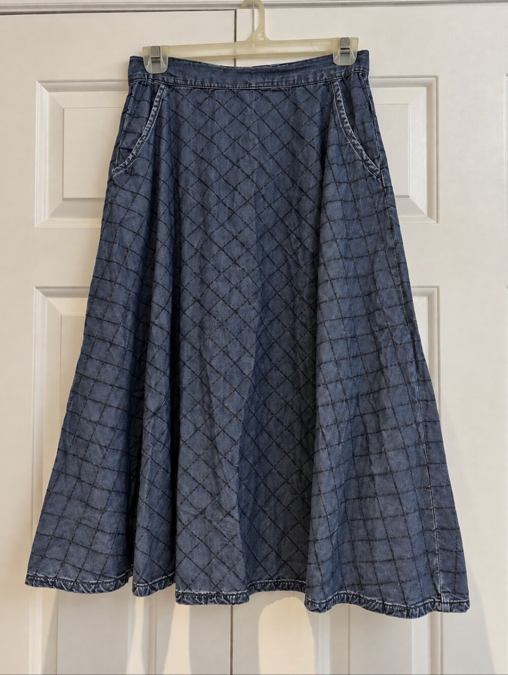 Cottagecore Prairie Quilted Midi Skirt Dark Denim Chambray Pockets 100% Cotton S